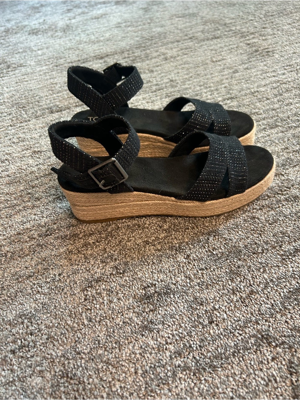 Toms Black Espadrille Wedge Sandals with Ankle Buckle